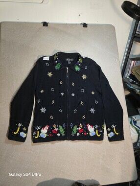 Women's Black Holiday Zip-Up Sweater Jacket with Festive Embroidery